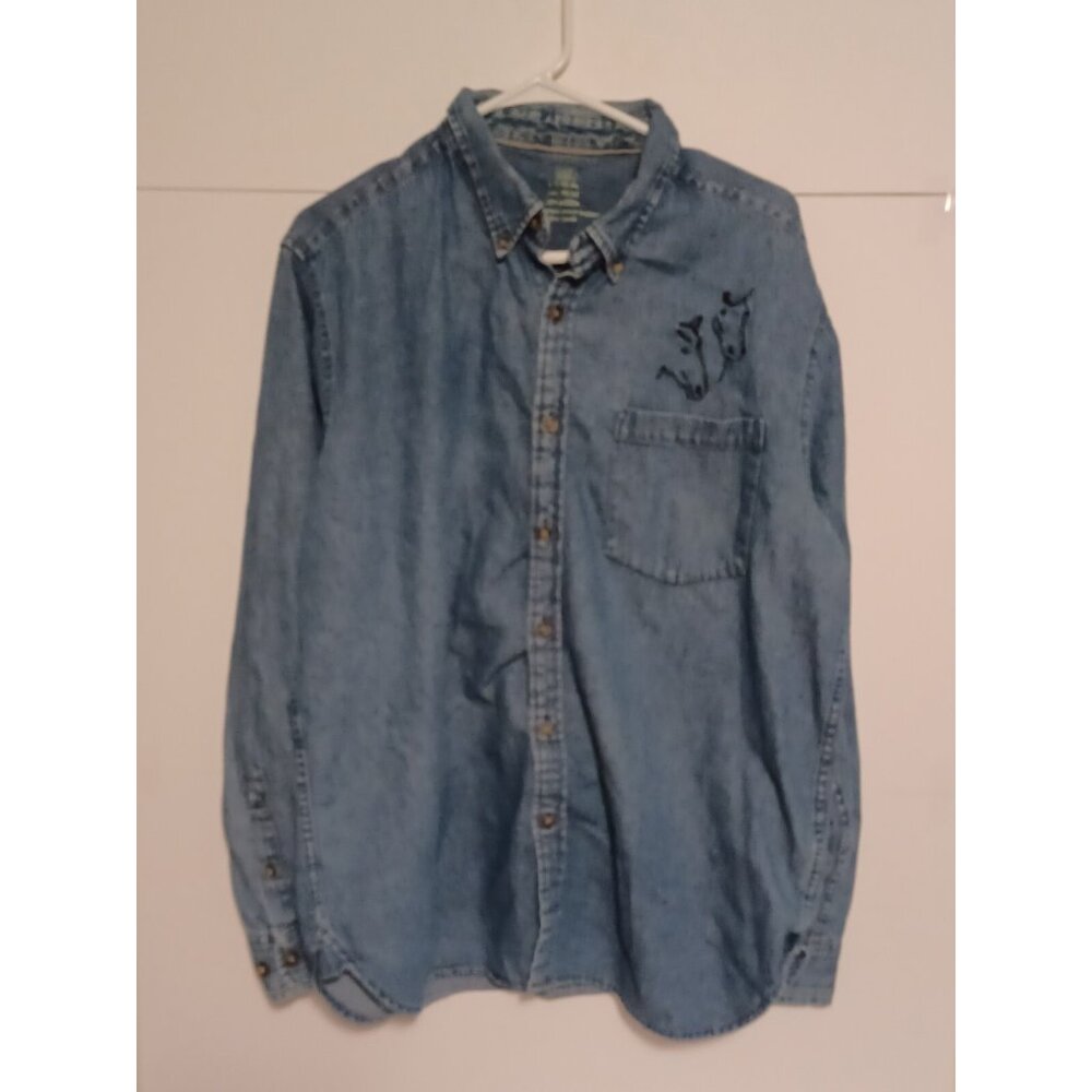 Faded Glory Large 42/44 Dark Denim Blue Button up Shirt Long Sleeve Embroidered